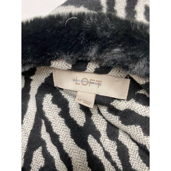 LOFT Cardigan Wrap Women's MEDIUM Black White Zebra Faux-Fur Collar Draped NWOT - Picture 5 of 5